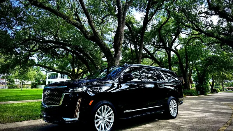 Black Cadillac Escalade SUV under the trees
